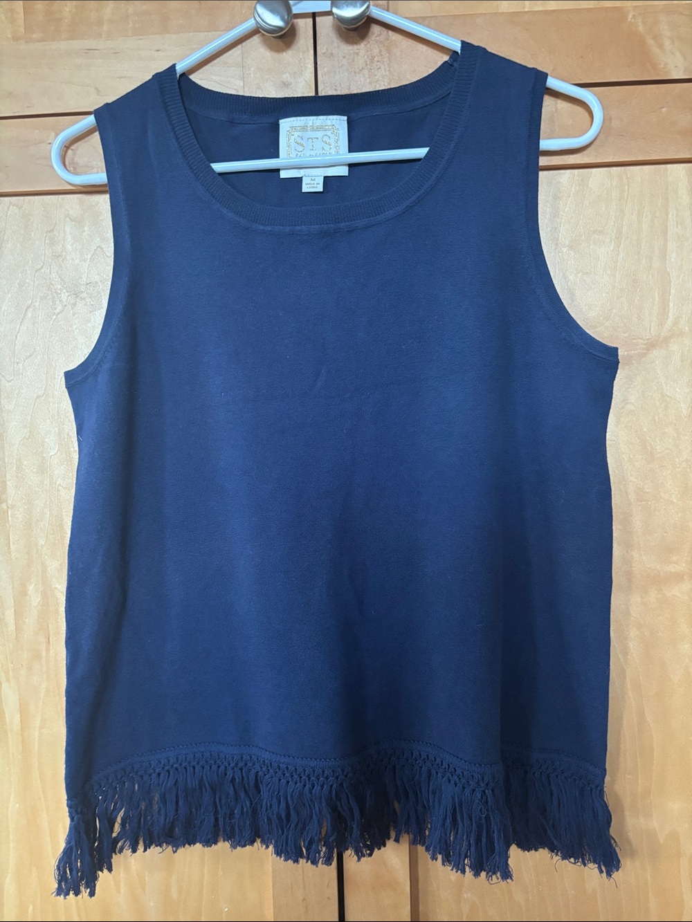 Sail to Sable Navy Sleeveless Fringe Hem Tank-Size M-